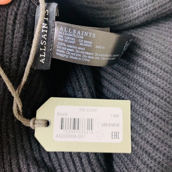 AllSaints Rib Knit Merino Wool Scarf One Size Black AS200006-001 - Picture 5 of 6